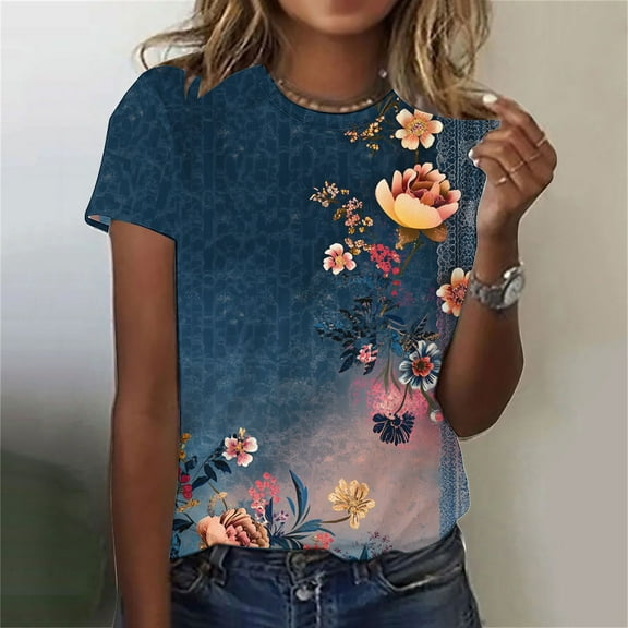 Fengqque 2025 Women's Retro Printed Crew Neck Short Sleeve Pullover T-Shirt