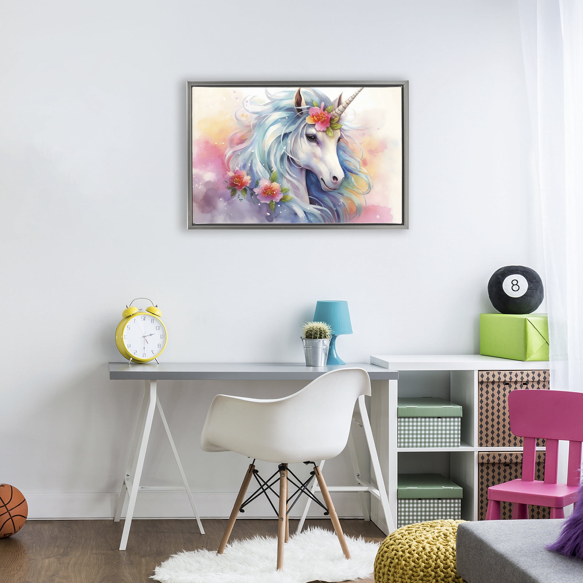Stupell Industries Magical Unicorn with Blossoms Gray Framed Floater Canvas Wall Art, design by Creative Studio