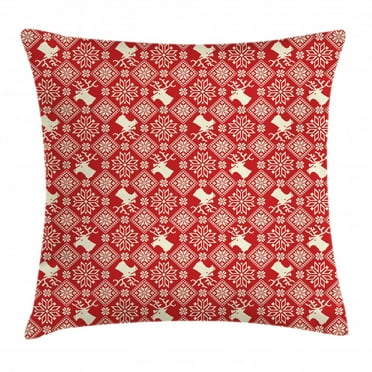 Nordic Throw Pillow Cushion Cover, Traditional Northern Culture Pattern with Reindeer Snowflake and Floral Arrangement, Decorative Square Accent Pillow Case, 18 X 18 Inches, Red Beige, by Ambesonne