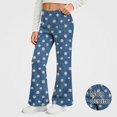 thumbnail image 2 of HAOTAGS Girls Denim Flared Pants – Soft Stretchy Floral-Print Casual Loose Trousers Blue Size 2T, 2 of 9