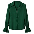 thumbnail image 4 of hoksml Women's Puff Sleeve Flare Cuff Button Down Shirt Lapel V Neck Solid Blouse Party Office Everyday, 4 of 4