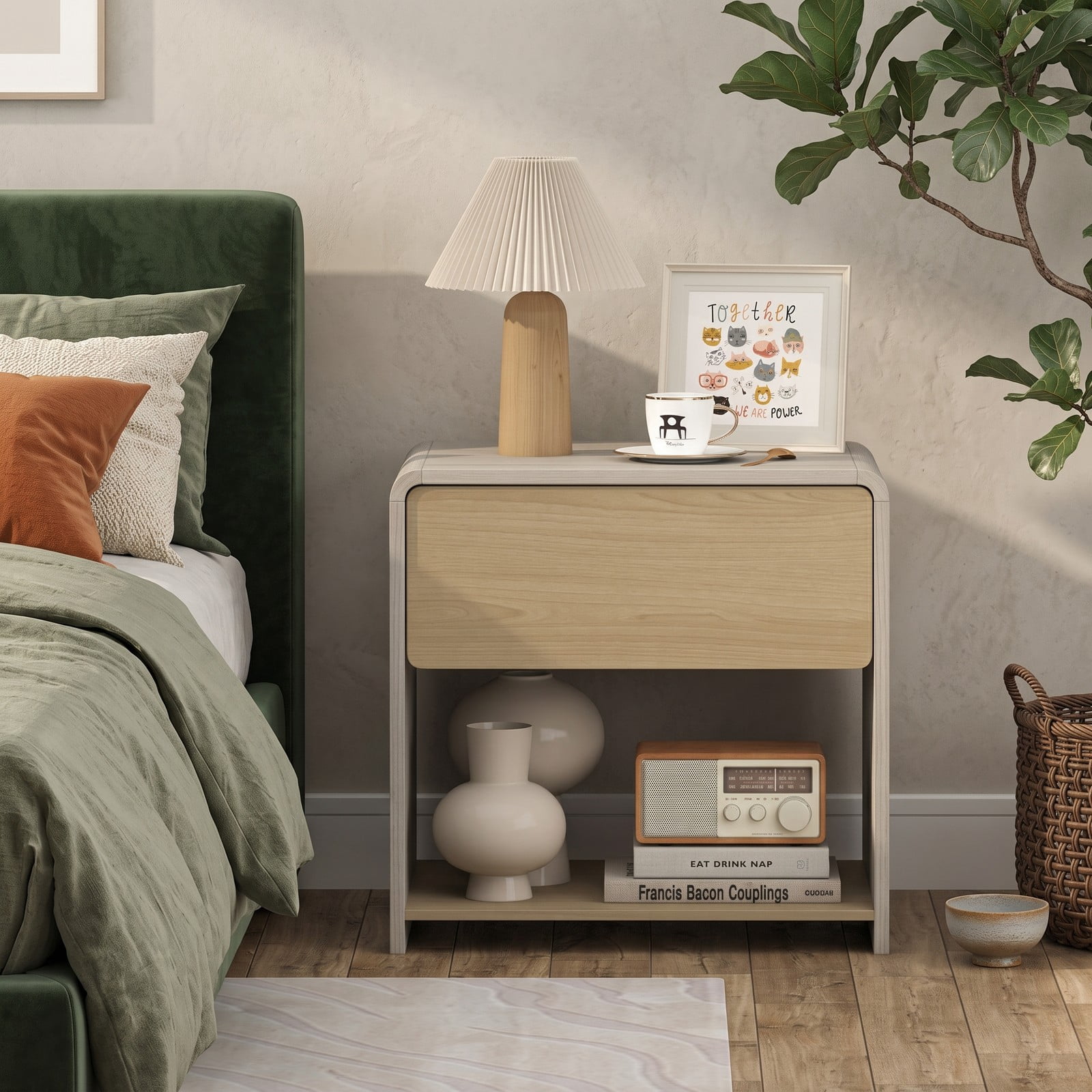 Furnibear 2-Tier Modern Nightstand with Drawer and Open Shelf plus Concealed Handle for Bedroom Living Room and Study, Oak
