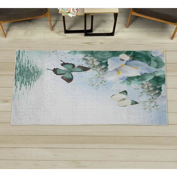 Floral Decorative Rug, Nature Theme Wild Flowers Monarch Flying Butterflies Lily on Lake Therapy Spa, Quality Carpet for Bedroom Dorm and Living Room, 6 Sizes, Sea Green, by Ambesonne