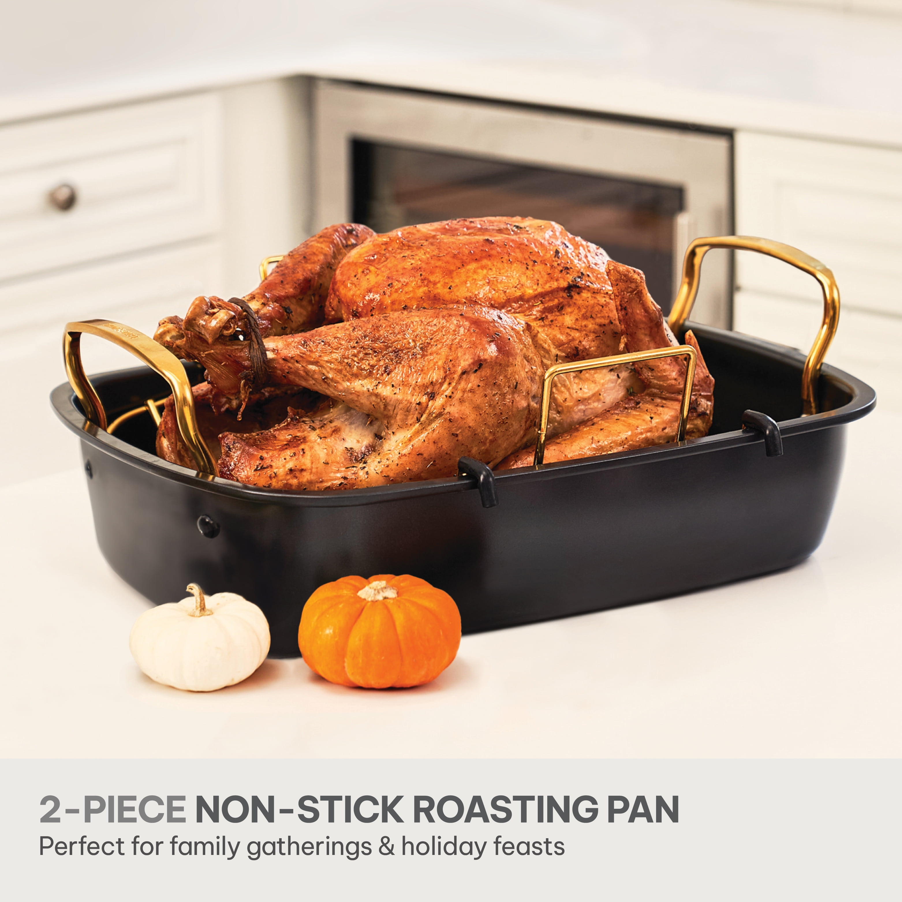 Thyme Table 17 inch Carbon Steel Non Stick Roasting Pan with Rack Black and Gold Walmart