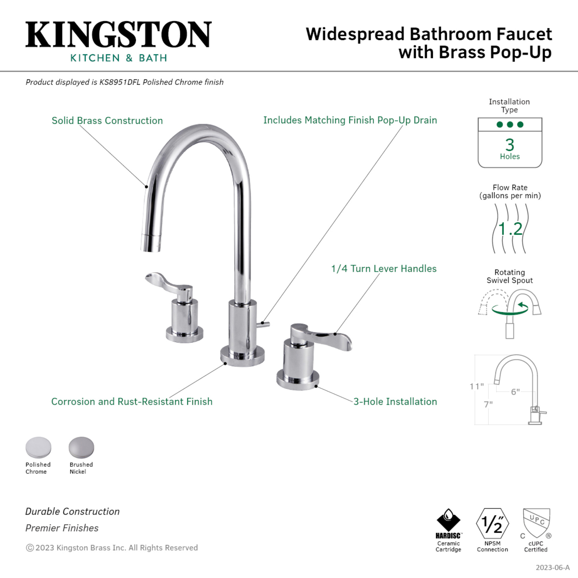Kingston Brass KS8958DFL  Widespread Bathroom Faucet with Brass Pop-Up, Brushed Nickel