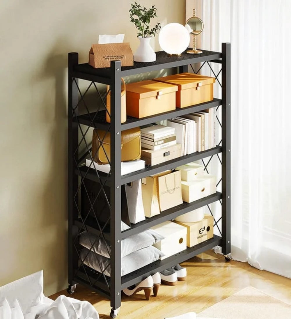 Joybos 5 Tiers Foldable Storage Organizer Wire Shelf Rack with Wheels,Holds Up To 1000 Pounds,Black
