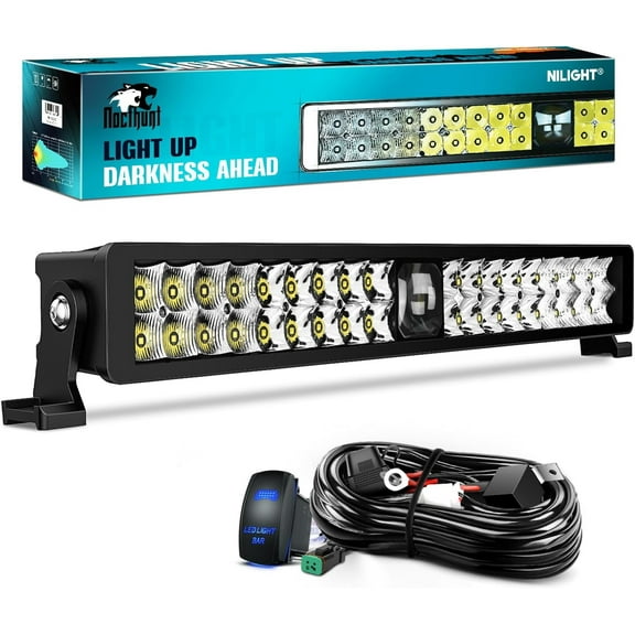 Nilight LED Light Bar 22inch 37LED Dual Row Spot Flood Combo Light Screw-less night vision Off Road Lights w/16AWG Rocker Switch Wiring Harness Kit for Driving Light on Truck ATV UTV