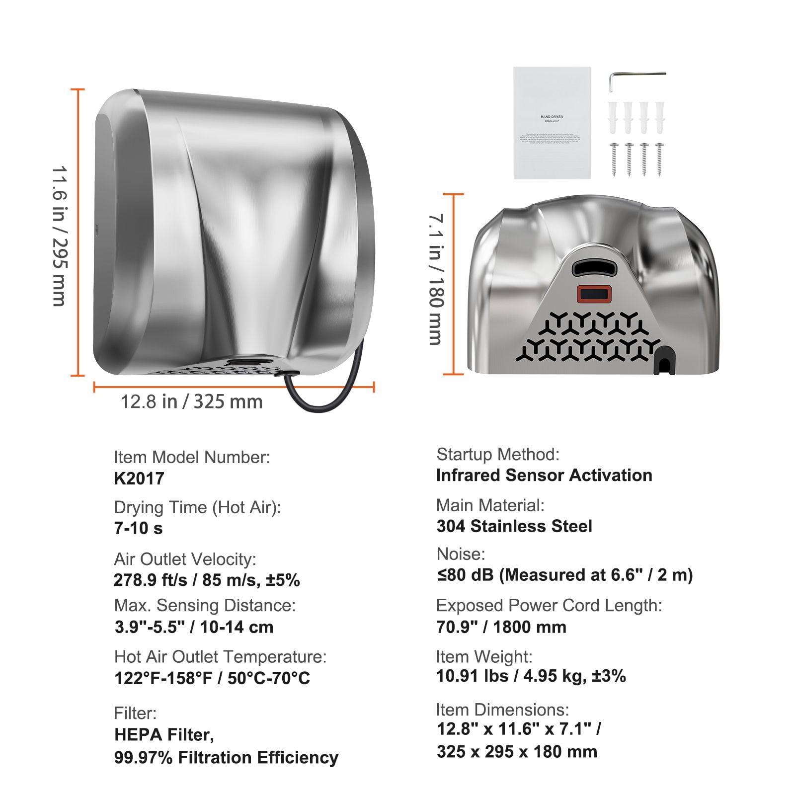 Commercial 1300W high-speed stainless steel automatic dryer, 120V plug-in or hard-wired, suitable for bathrooms