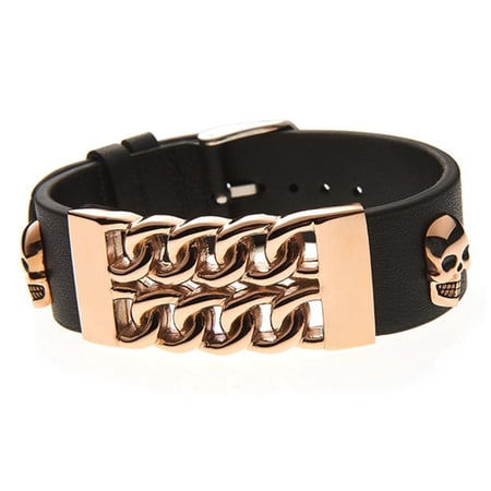 Arista Men's Skull Bracelet in Black Leather and Rose Plated Stainless Steel, 8.5"