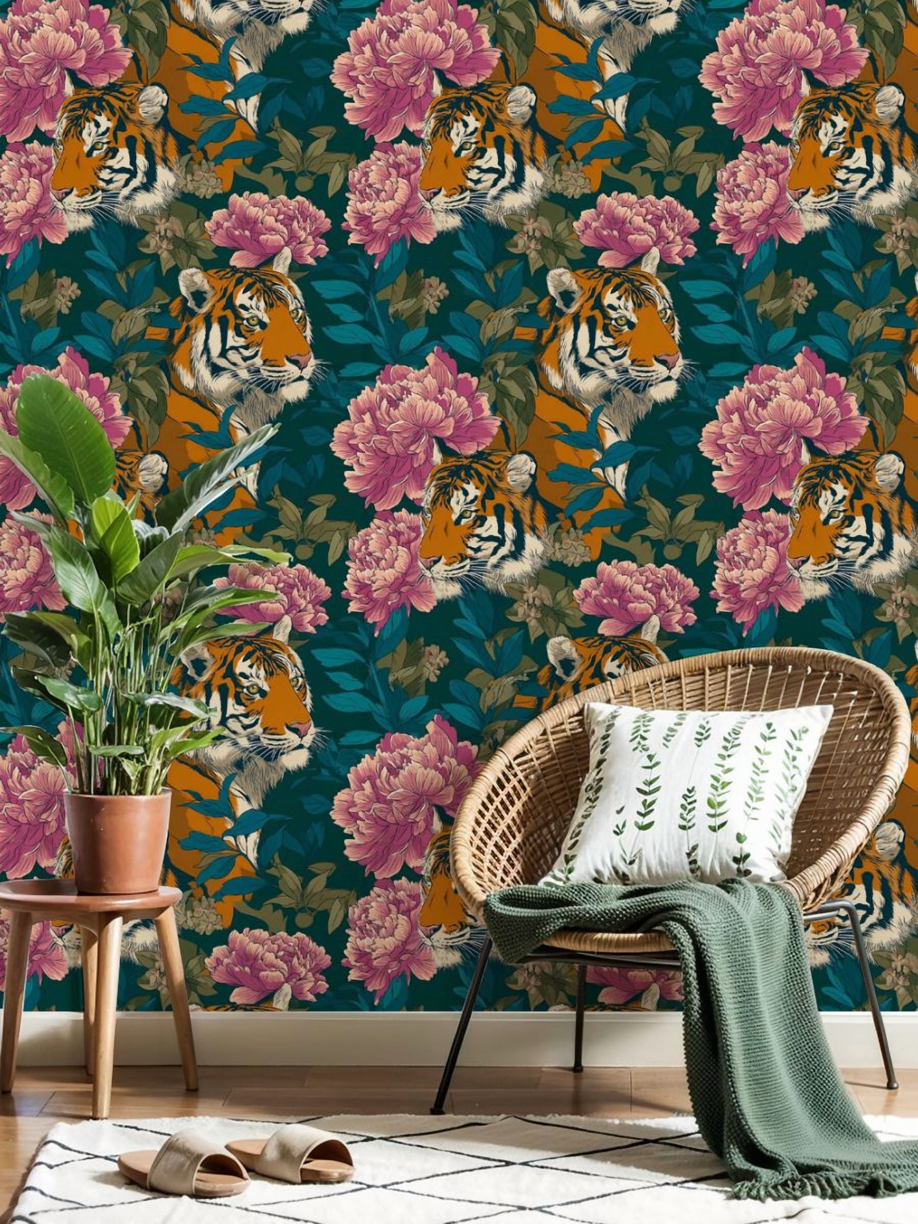 Peel and Stick Wallpaper 17.7in x 9.8ft Tiger Peony Floral Jungle Dark Teal Contact Paper Vinyl Self-Adhesive Removable Wall Paper for Bedroom DIY Home Decor Renter Friendly