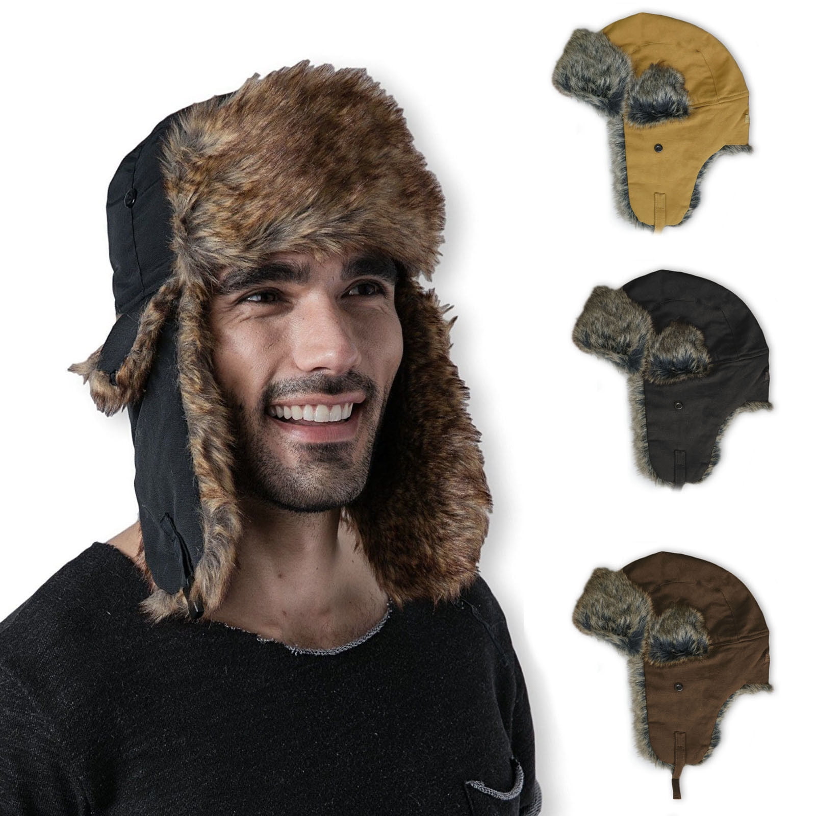 Unisex Faux Fur Ear Flaps Russian Check Dog Tooth Print Padded Trapper Hat Cap 