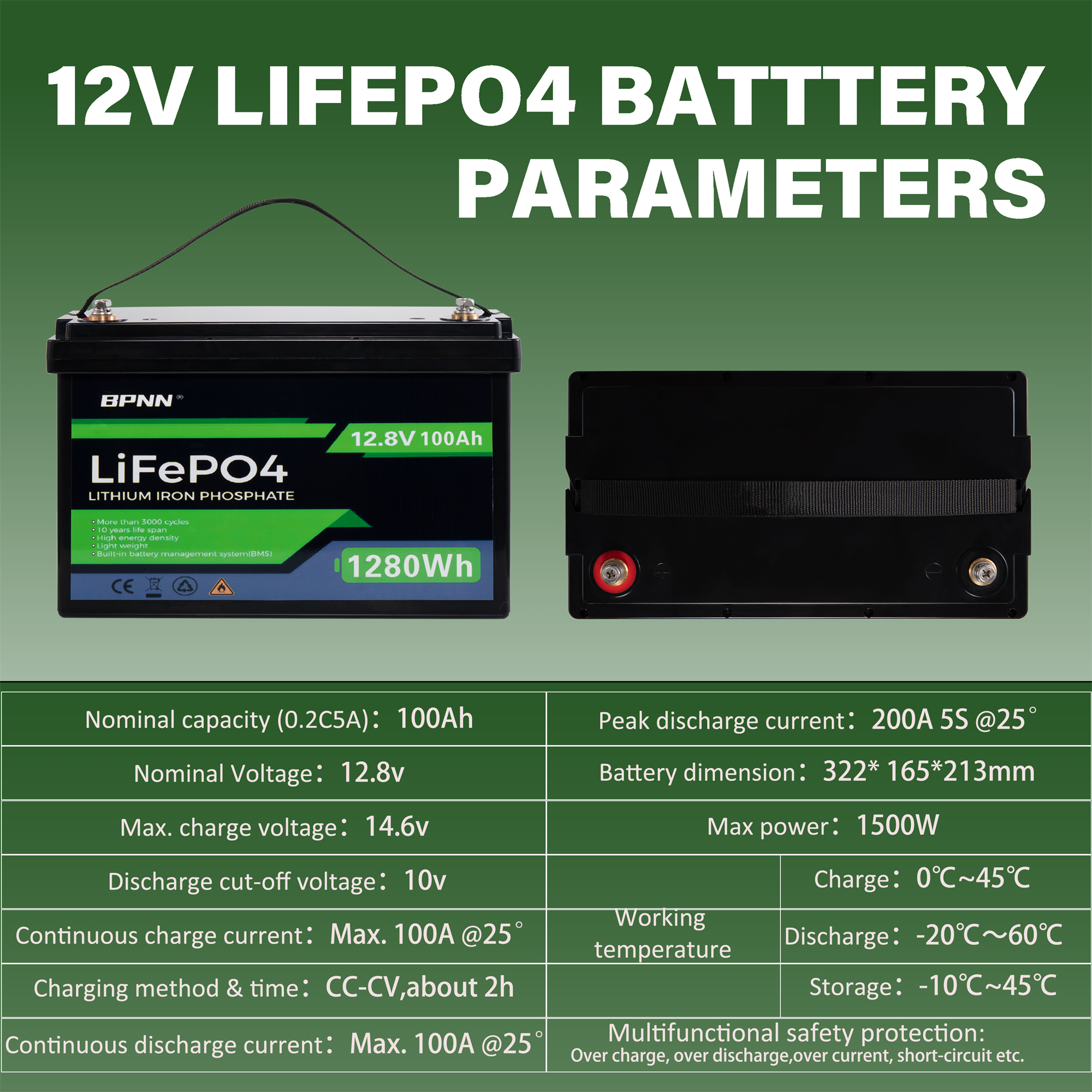2Pack 12V 100AH LiFePO4 Battery Built-in 100A BMS 12V Lithium Battery for Home Back-up Power BPNN