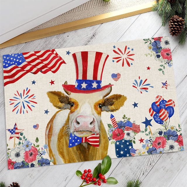 Aedtie Carpet,Polyester Carpet,Independence Day Doormat Rustic American Patriotic Gnomes and Flag Colorful Floral Indoor Doormat 4 of July Patriotic Floor Mat Low Profile Rug for Home Office