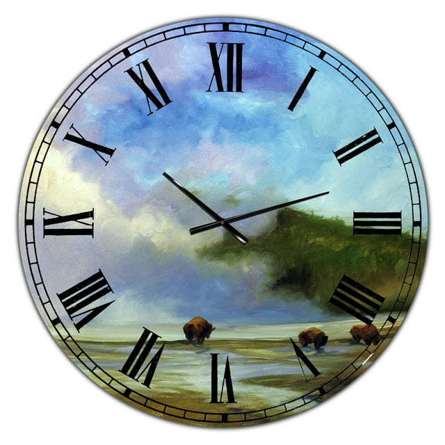 Designart 'Yellowstone Buffalo Landscape' Large Lake House Wall Clock
