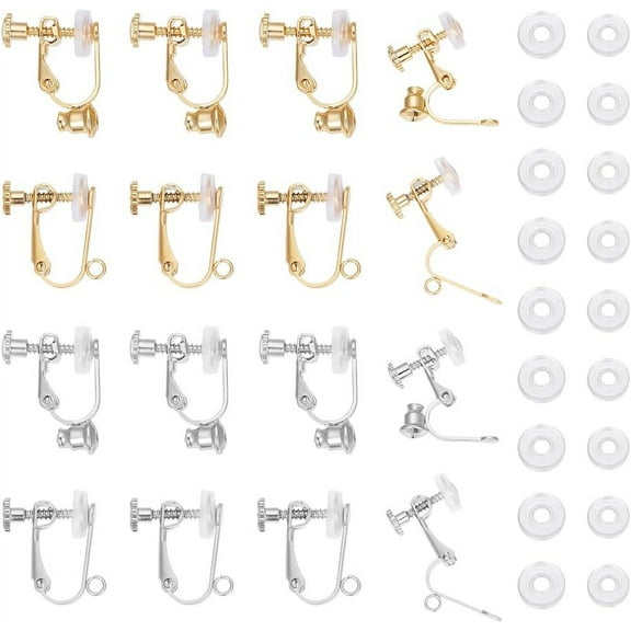 16Pcs 2 Styles 2 Colors Clip-on Earring Component Golden Adjustable Screw Stainless Steel Earrings Converter for Non-Pierced Ears with Loops and Silicone Pads for Earring Making DIY
