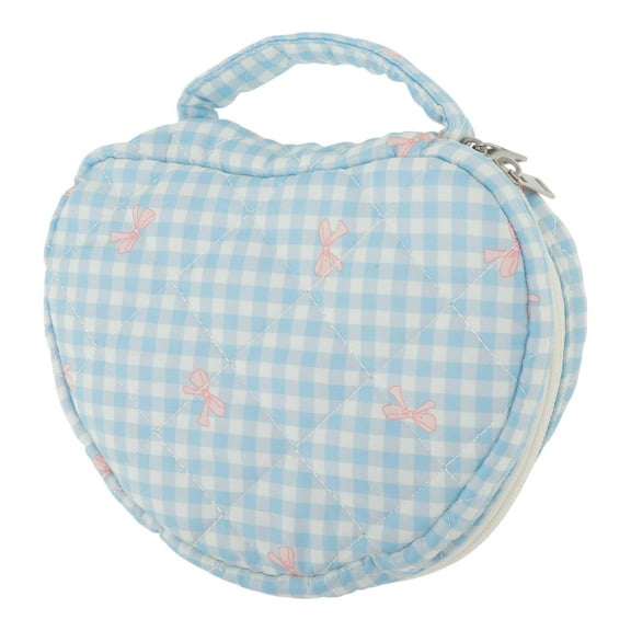 Unique Bargains Heart-shaped Bow & Checkered Pattern Makeup Bag for Travel Blue Polyester