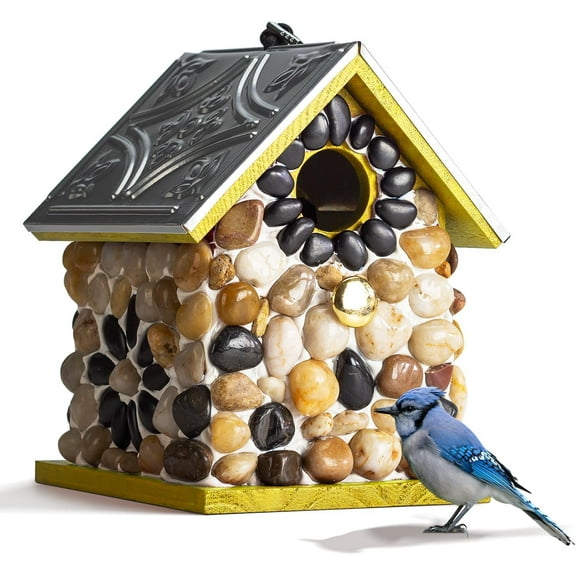 Masterpiece Bluebird Bird House for Outside Clearance, Cedar Bird House Bird Feeder for Outdoor, Stone Villa, Hanging Birdhouse for Outside, Pole Mountable Birdhouse, Longtime Lasting (Yellow)
