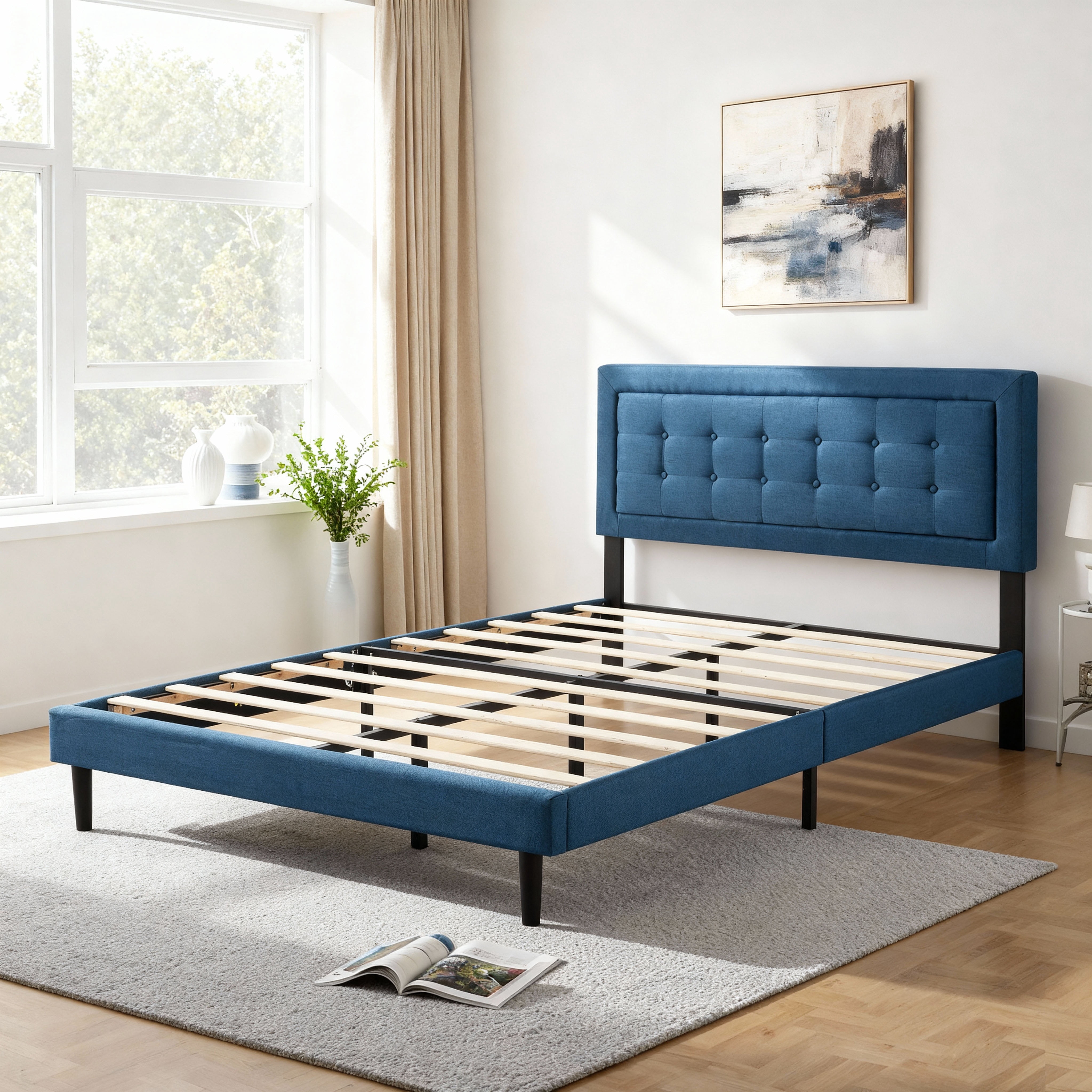 Gewnee Queen Size Upholstered Platform Bed Frame, Tufted Headboard, Solid & Manufactured Wood, Wood Slat Support, Under Bed Clearance for Robot Vacuum, for Bedroom， Dark Blue Linen