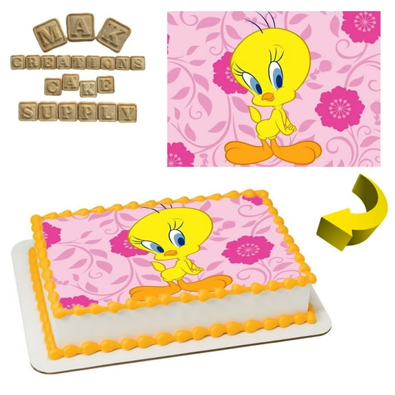 Tweety Bird Floral Looney Tunes Edible  1/4 Sheet Cake topper - Can also be used on a 1/2 Sheet with room to decorate!