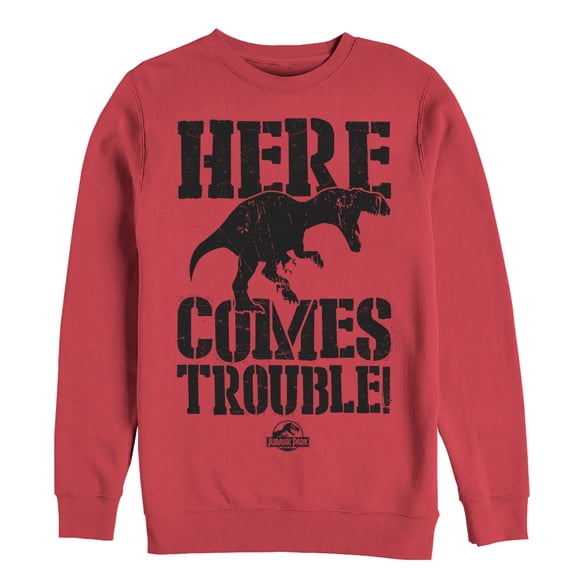 Men's Jurassic Park Here Comes Trouble Sweatshirt Red X Large