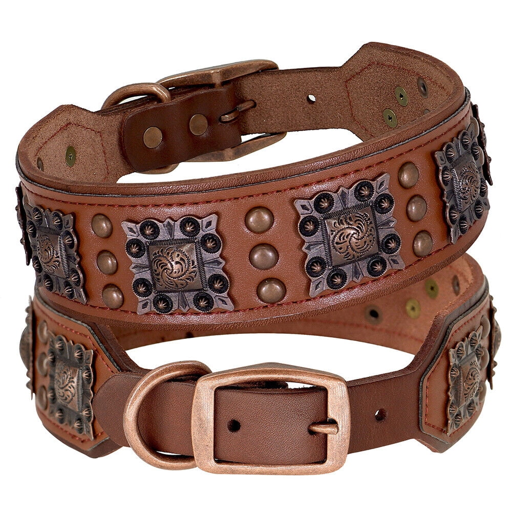 Beirui 2 inch Wide Padded Genuine Leather Dog Collar Strong Heavy Duty Studded Collars Adjustable for Medium Large Dogs German Shepherd