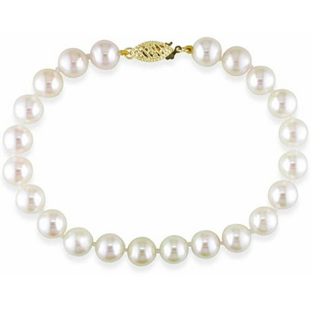 Miabella 7.5-8mm White Round Akoya Pearl 14kt Yellow Gold Strand Bracelet, 7.5