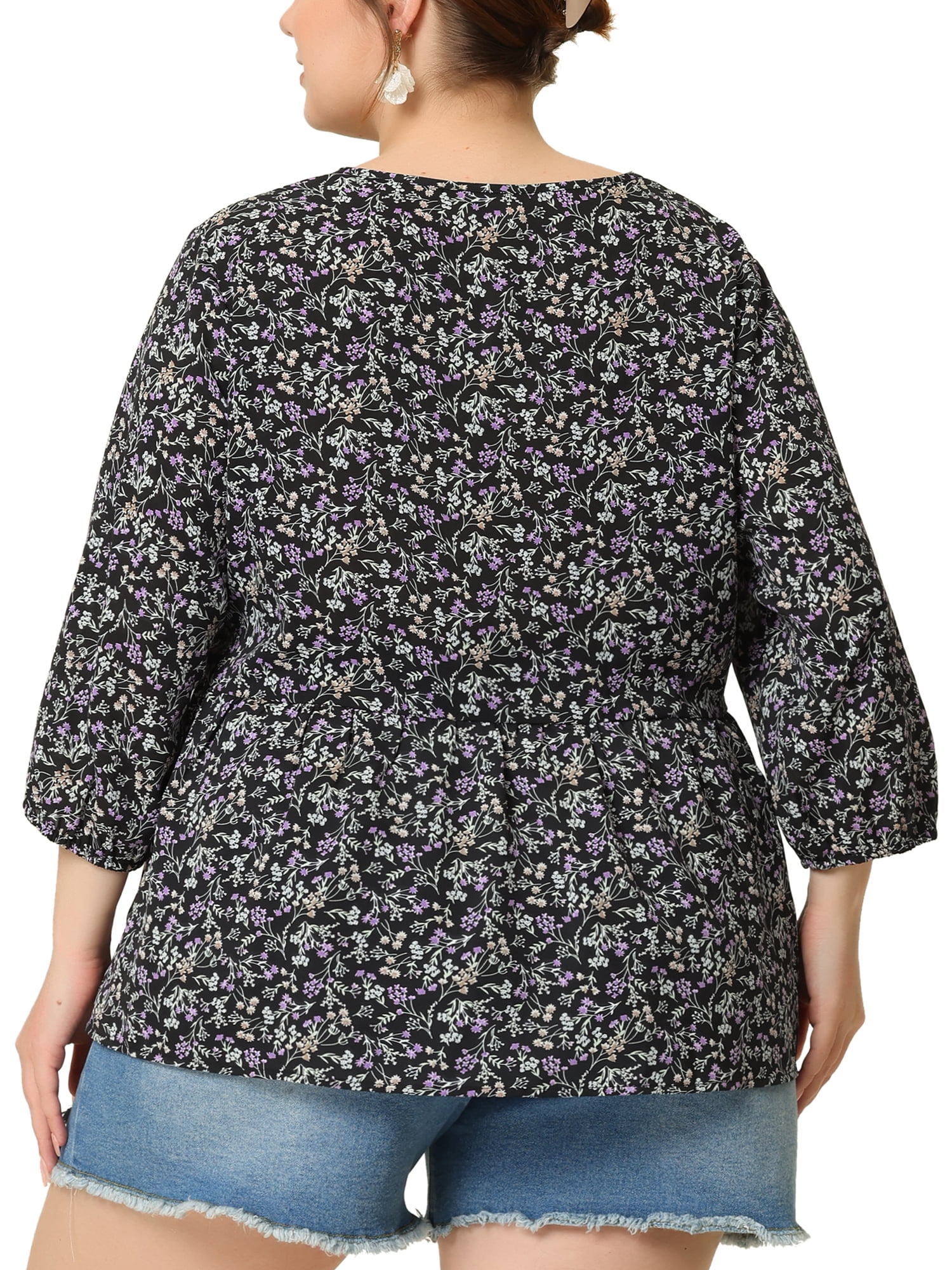 Unique Bargains Women's Plus Size V Neck Flowy 3/4 Sleeve Floral Blouse 4X Black