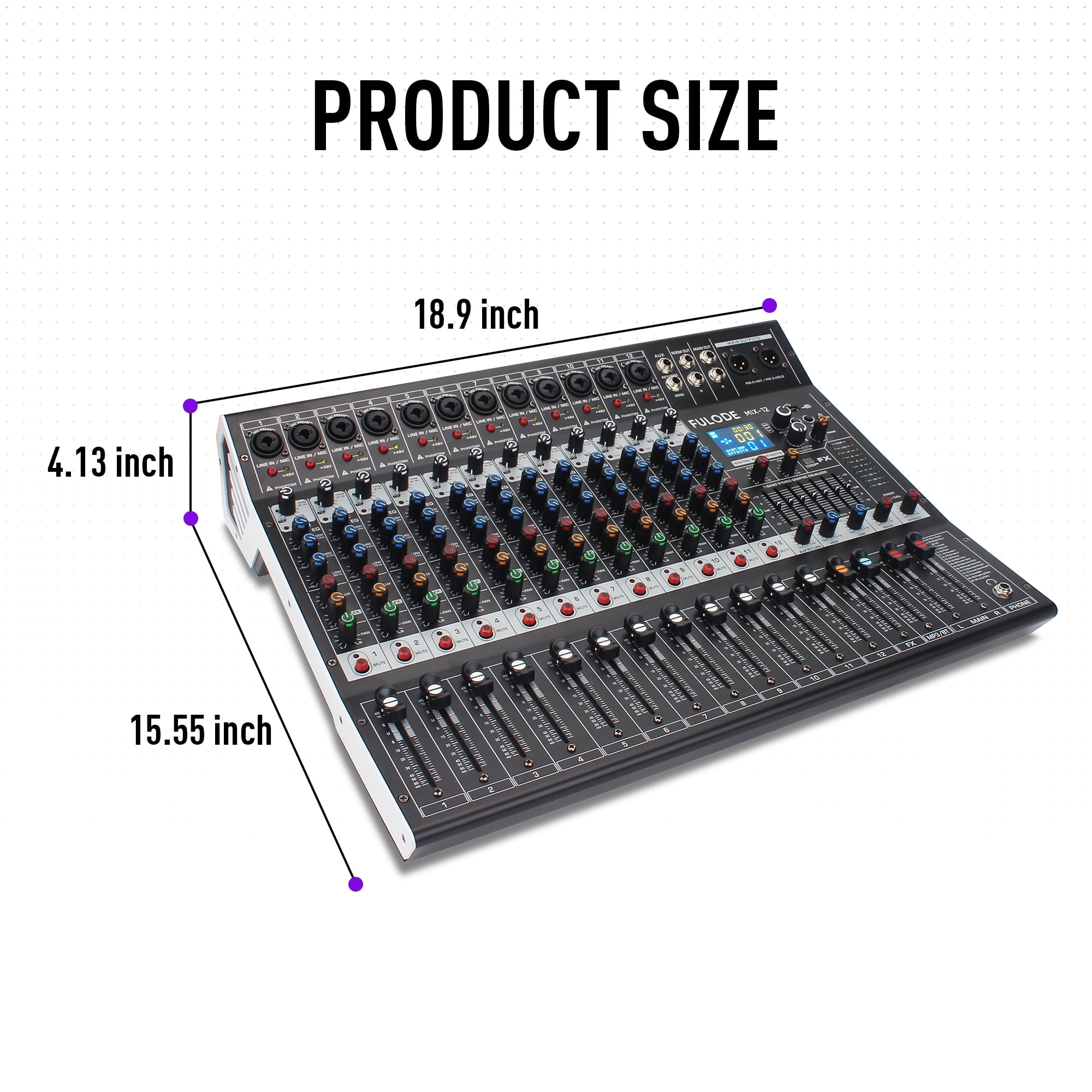 FULODE 12-Channel Bluetooth Studio Audio Mixer 99 Bit DSP Digital Processor w/ USB MP3 for PC Recording Input, RCA, XLR Microphone Jack, 48V Power, For Professional and Beginners DJ Mixer