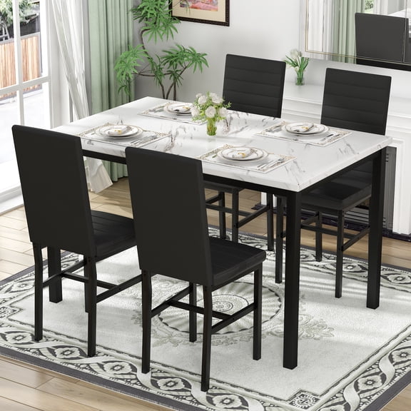 MIERES 5 Piece Dining Table Set, Faux Marble Kitchen Table and Chairs for 4, Dining Room Table Set with 4 PU Leather Chairs, White