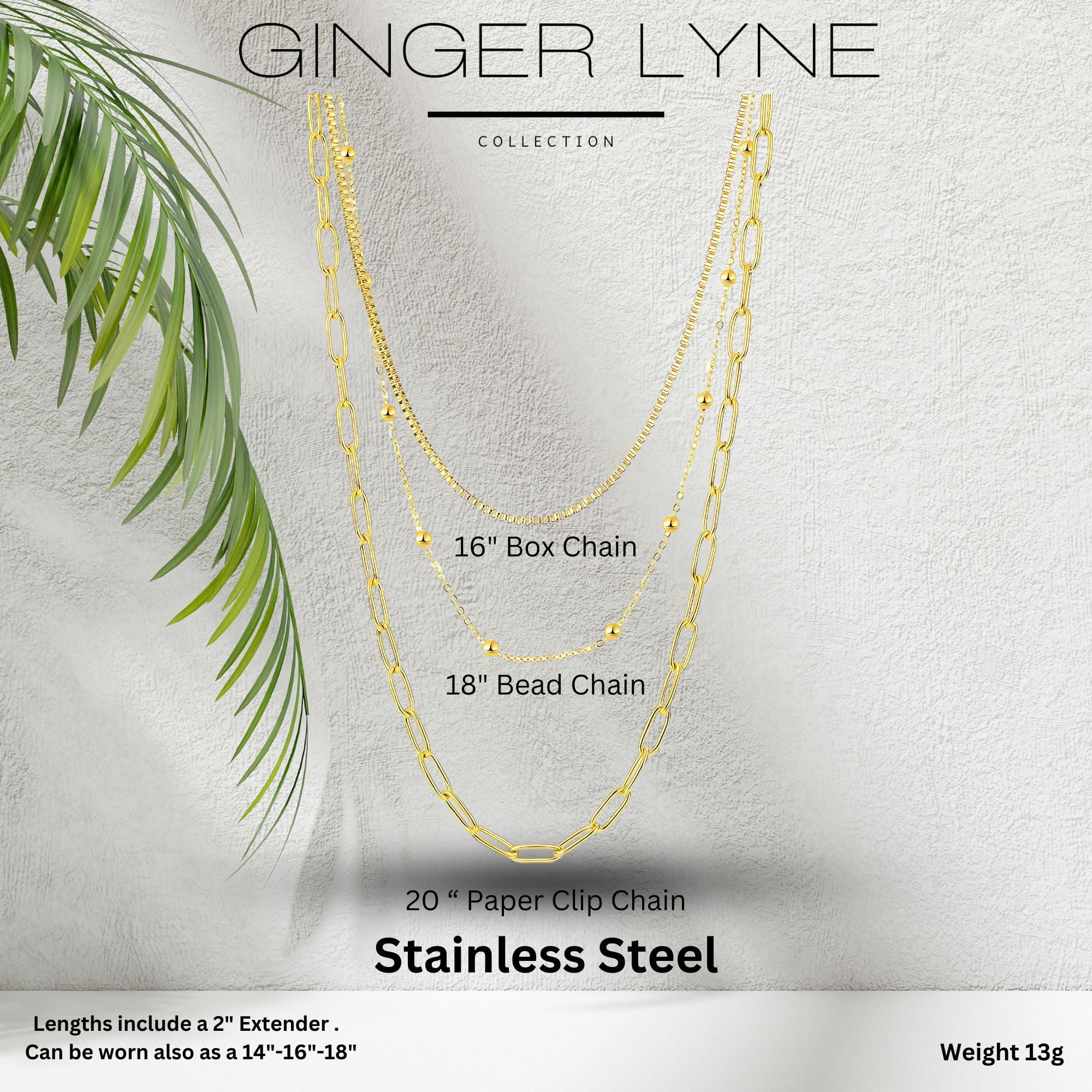Layered Chain Necklace for Women by Ginger Lyne Gold Plated Stainless Steel Box Bead and Paperclip Chains