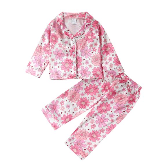 Kids Boys Girls Pajamas Set Cute Printing Button up Long Sleeve Shirt and Elastic Pants Loungewear Sleepwear