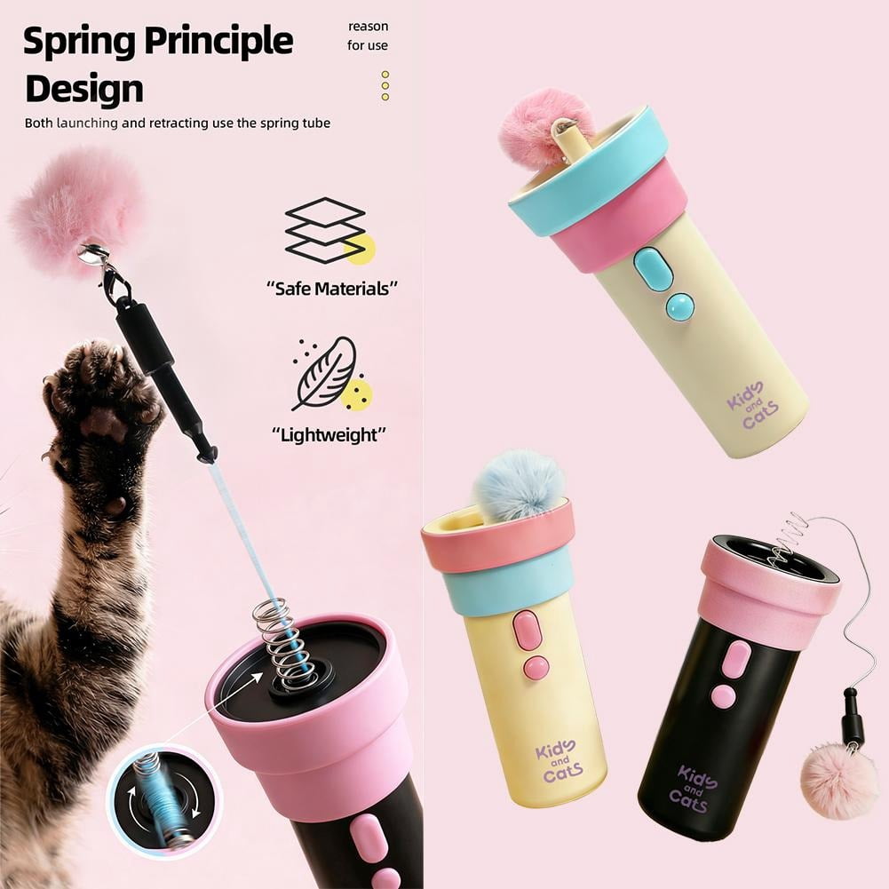 Interactive Electric Cat Teaser Launcher - Automatic Catapult Wand Toy with 2 Replacement Pom-poms, Recyclable One-Click Launch Fishing Pole for Indoor Cats to Relieve Boredom and Hunting Instincts