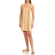 Rip Curl Alma Front Button V-Neck Stripe Mini Embroidered Dress in Beige/Gold Size Small