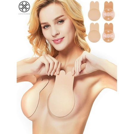Luxtrada 2 Pairs Rabbit Ear Self Adhesive Invisible Bra Breast Lift Up Strapless Nipplecovers Backless Push Up Bra 