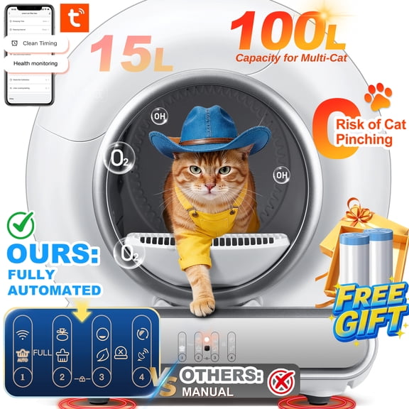 Self Cleaning Cat Litter Box, 115L Automatic Litter Box w/ Liner, 10 Sensor Protection for Multi Cat, Dual APP  Panel Control,Odor Removal,Litter Box
