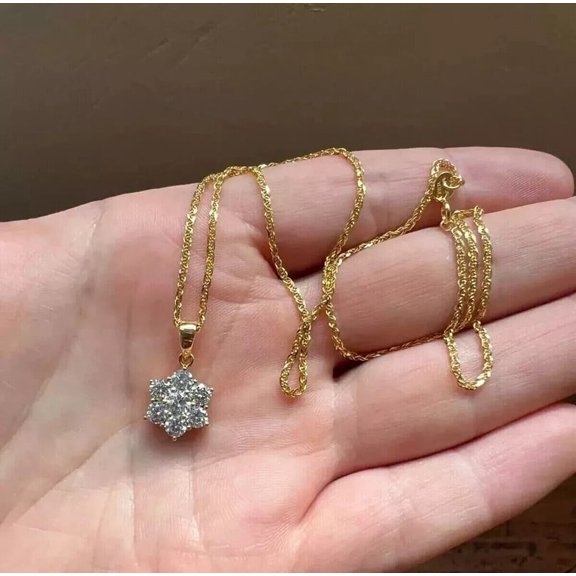 1.00Ct Round Cut Real Moissanite Flower Pendant Necklace 14K Yellow Gold Plated