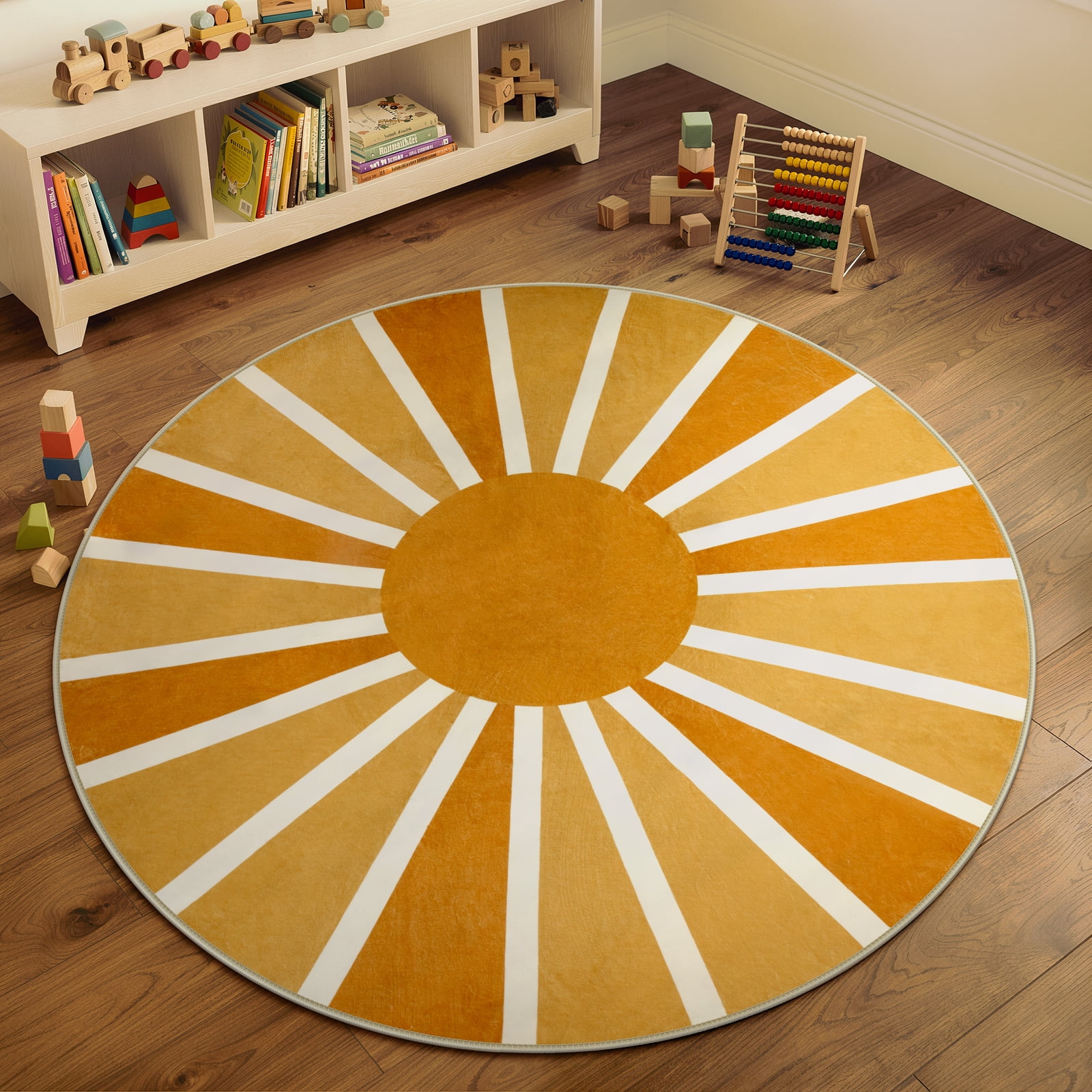 Lahome Boho Round Rugs,4ft Washable Non-Slip Small Round Area Rug Throw Soft Sofa Kids Nursery Room Rug Rainbow Sun Print Distressed Round Carpet for Bedroom Entryway Living Room Dining Room