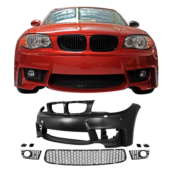 Ikon Motorsports Front Bumper Cover Fits 2008-2013 BMW 1-Series E82 Coupe E88 Convertible 1M Style Matte Black PP Complete Bumper Assembly Replacement