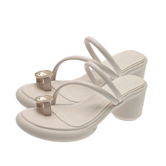 Sandalias con Anillo para el Dedo, Zapatillas de tacón Alto con Suela de Goma Antideslizante y Estilo Vintage para el Trabajo, Viajes en casa, Citas, Verano, Beige 37