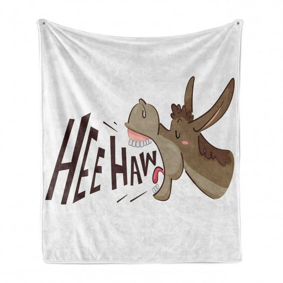 Donkey Soft Flannel Fleece Throw Blanket, Cartoon Braying Hee Haw Text Funny Domestic Animal Portrait, Cozy Plush for Indoor and Outdoor Use, 50" x 70", Brown Pink and White, by Ambesonne