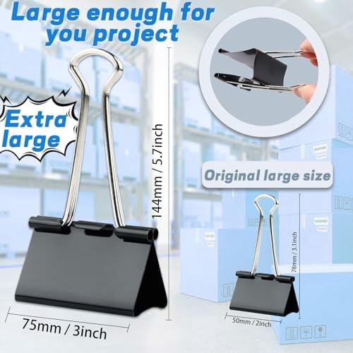 Tekola 3 Inch Extra Large Jumbo Binder Clips (12 Pack), Heavy Duty Paper Clamps for Office and Home Supplies, Black