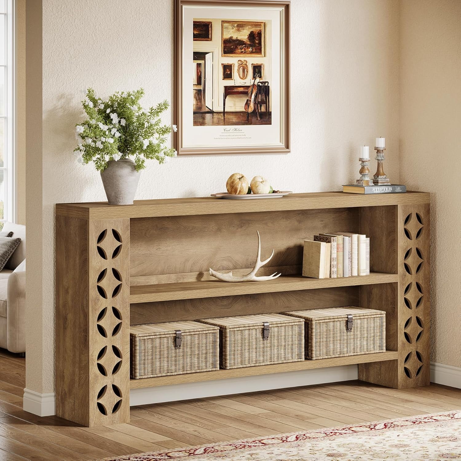 Tribesigns 70.9" Extra Long Console Table with Storage, 3-Tier Long Entryway Table for Hallway, Walnut