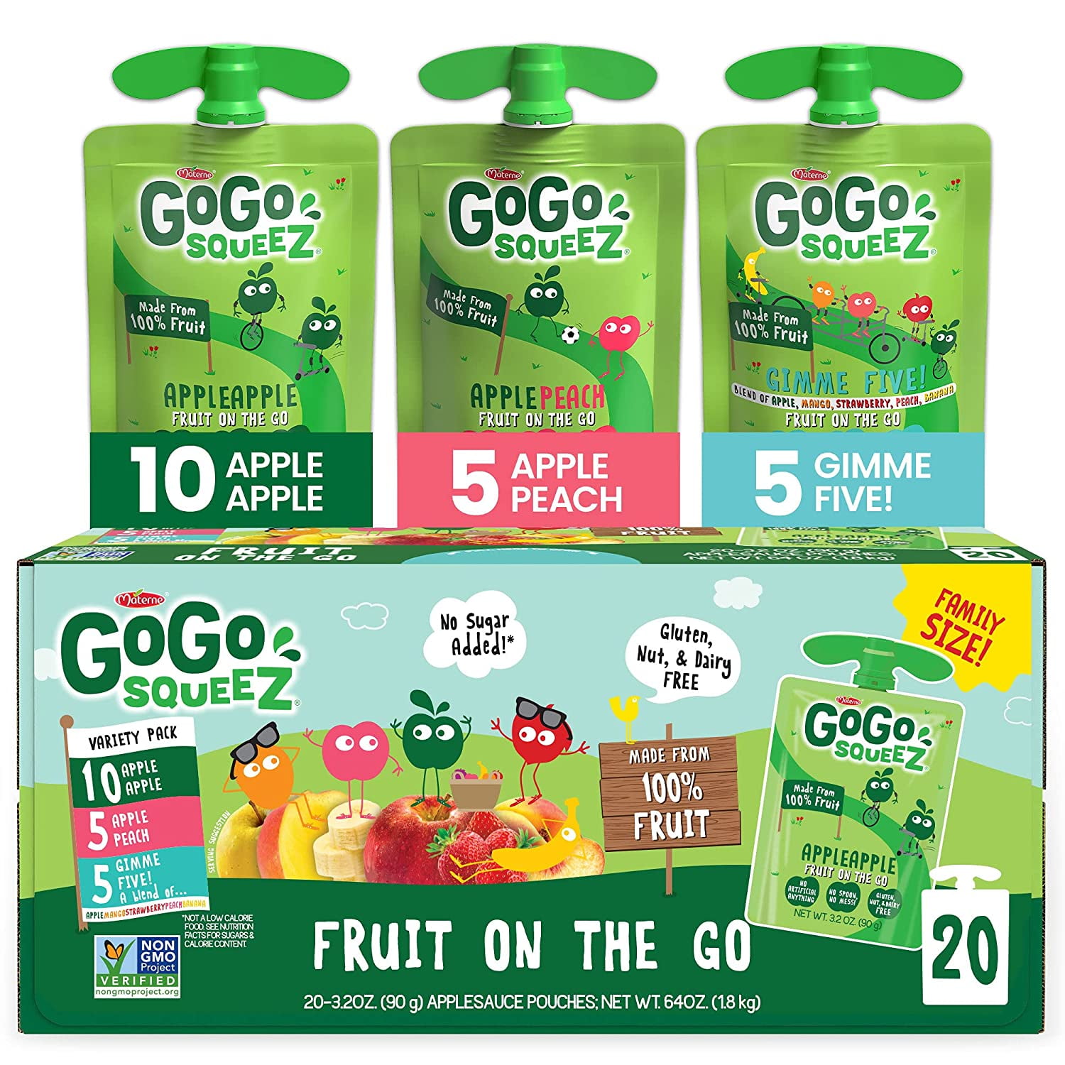 GoGo squeeZ Fruit on the Go Variety Pack, Apple Apple, Apple Peach, & Gimme  Five!, 3.2 oz. (20 Pouches) - Tasty Kids Applesauce Snacks - Gluten Free  Snacks for Kids - Nut