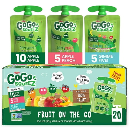 GoGo squeeZ Fruit on the Go Variety Pack, Apple Apple, Apple Peach, & Gimme Five!, 3.2 oz. (20 Pouches) - Tasty Kids Applesauce Snacks - Gluten Free Snacks for Kids - Nut & Dairy Free - Vegan Snacks