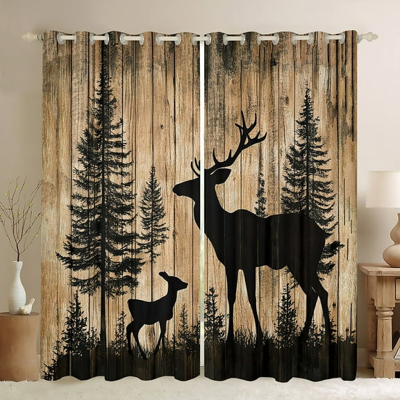 Manfei Rustic Farmhouse Cabin Black Out Curtains, Jungle Deer Animal Curtains Pack of 2 (42x63 Each), Brown Wooden Plank Bedroom Curtains, Living Room Curtains Decor