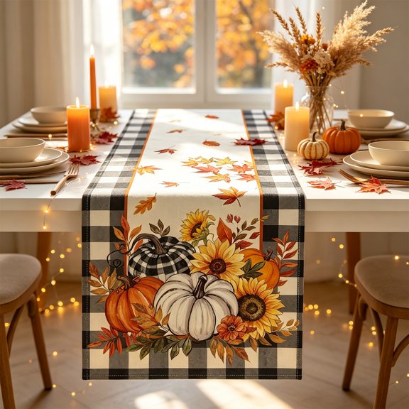 72 Inch Thanksgiving Table Runner, Festive Linen Table Banner & Holiday Tablecloth, Autumn Harvest Dining Home Party Decor