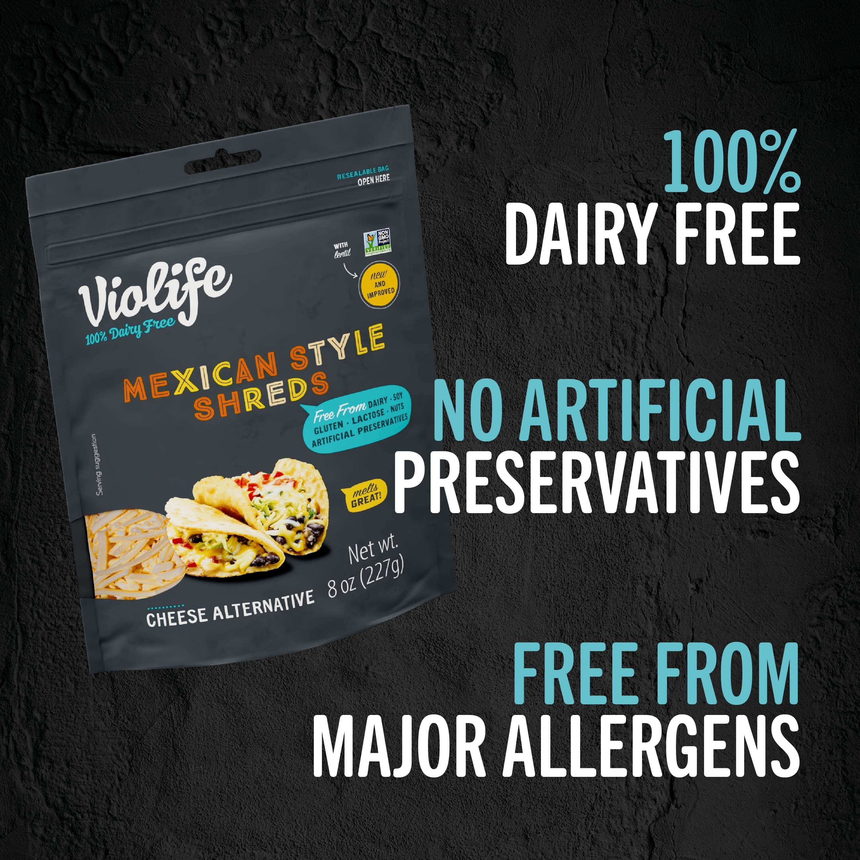 Violife Just like Mexican Style Shreds Shredded Cheese, Dairy Free Vegan, 8 oz Plastic Pack