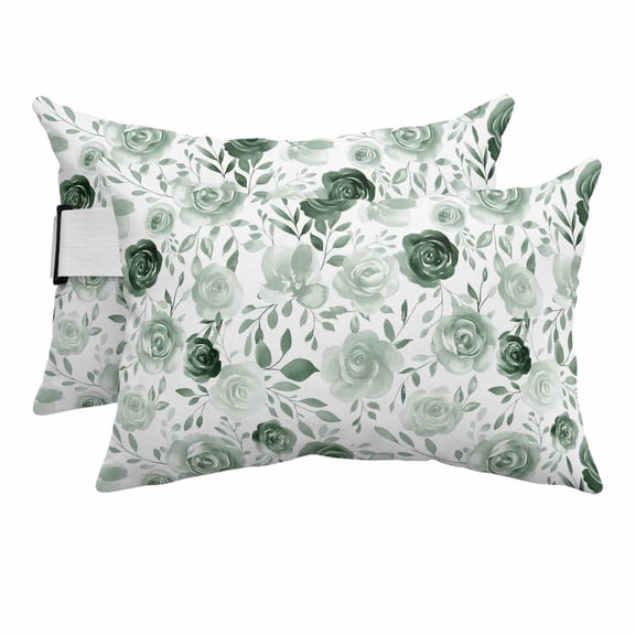 Outdoor Lumbar Pillows with Strap & Insert Sage Green Rose Recliner Head Pillow Pack of 2 Watercolor Flowers Leaves Waterproof Headrest Patio Lounge Chair Pillows for Beach Office 11x16 Inch