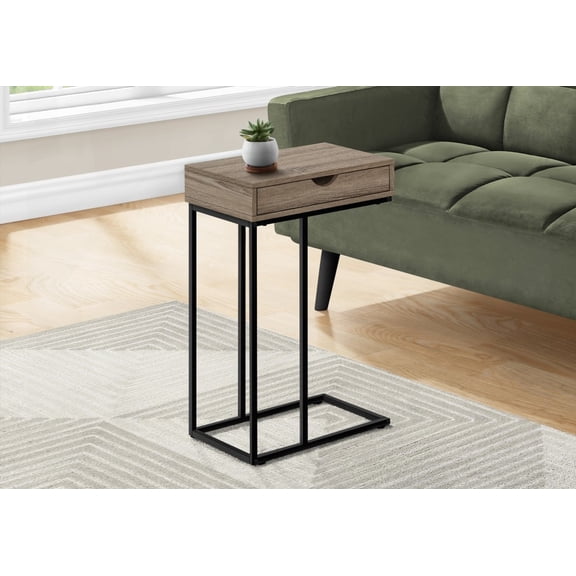 Accent Table with C-shaped Design, Black Metal & Brown Laminate, Ideal for Living & Bedroom, 15.75"L x 9.45"W x 24"H