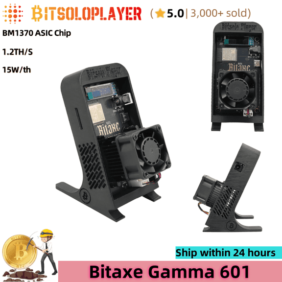 Bitaxe Gamma 601 Bitcoin Lottery Miner 1.2TH/S BM1370 ASIC Chip (from Anttminer S21 Pro) 2.4G WiFi Home BTC Miners Solo Mining,Black-B Stand